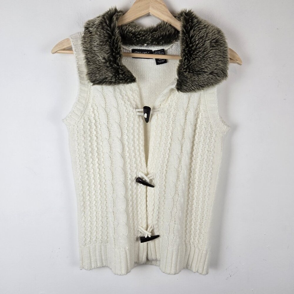 Yarn Art Sleeveless Cardigan Sz Small White Cableknit Fisherman Fur Collar Vest‎